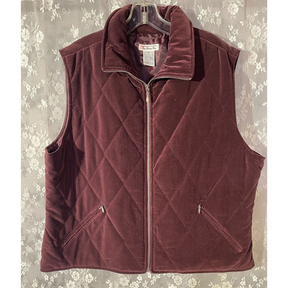 Talbots Burgundy Velour Quilted Vest Full Zip Preppy Equestrian Size XL